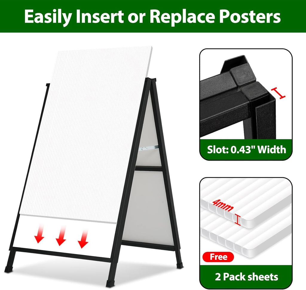 A Frame Sidewalk Sign 24 x 36 Inch Outdoor, Double-Sided Folding Sandwich Board with Handle, Heavy Duty Metal Slide-in A-Frame for Business, Advertising, Party, with 2 Plastic Boards