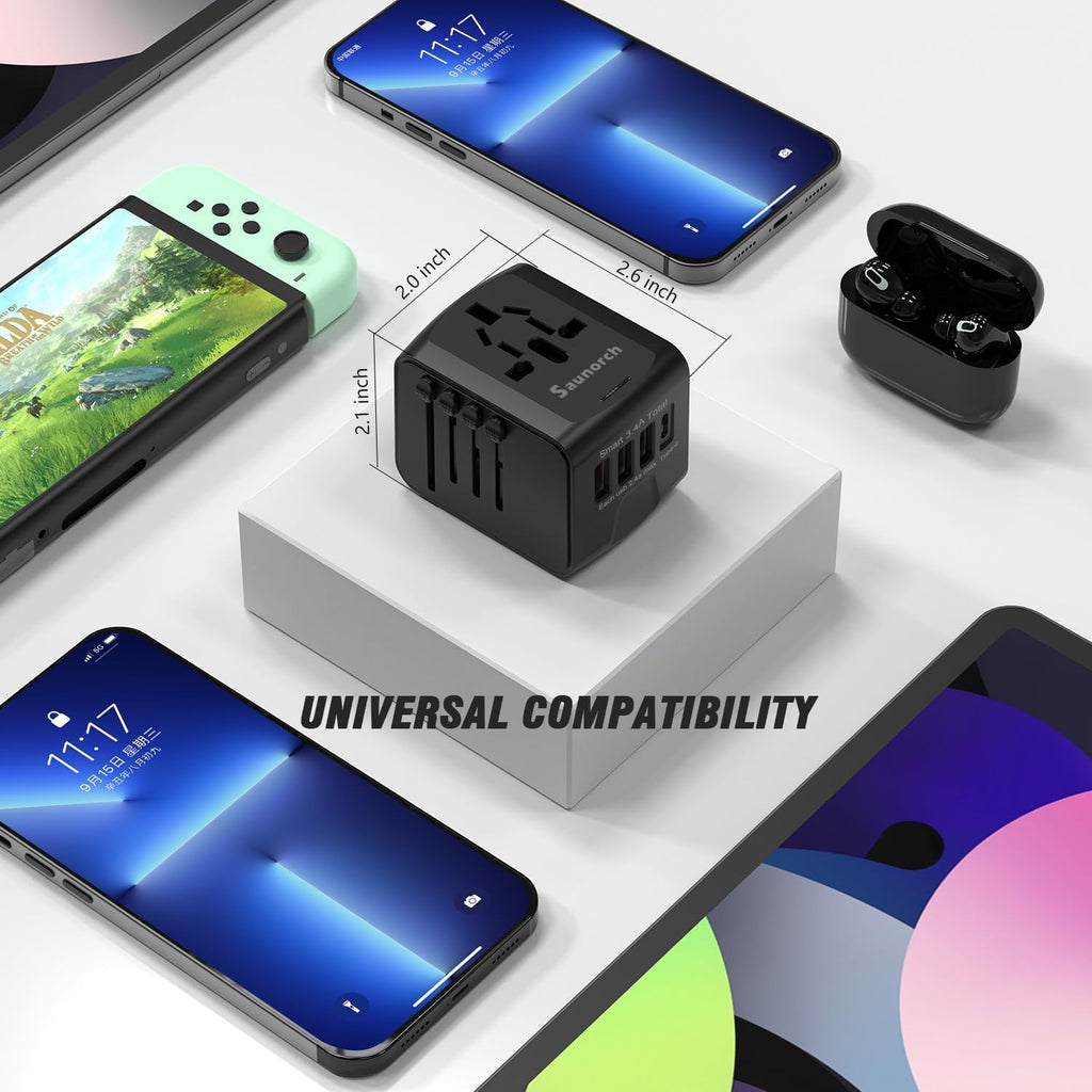 Universal International Travel Power Adapter W/High Speed 2.4A USB, 3.0A Type-C Wall Charger, European Adapter, Worldwide AC Outlet Plugs Adapters for Europe, UK, US, AU, Asia-Black