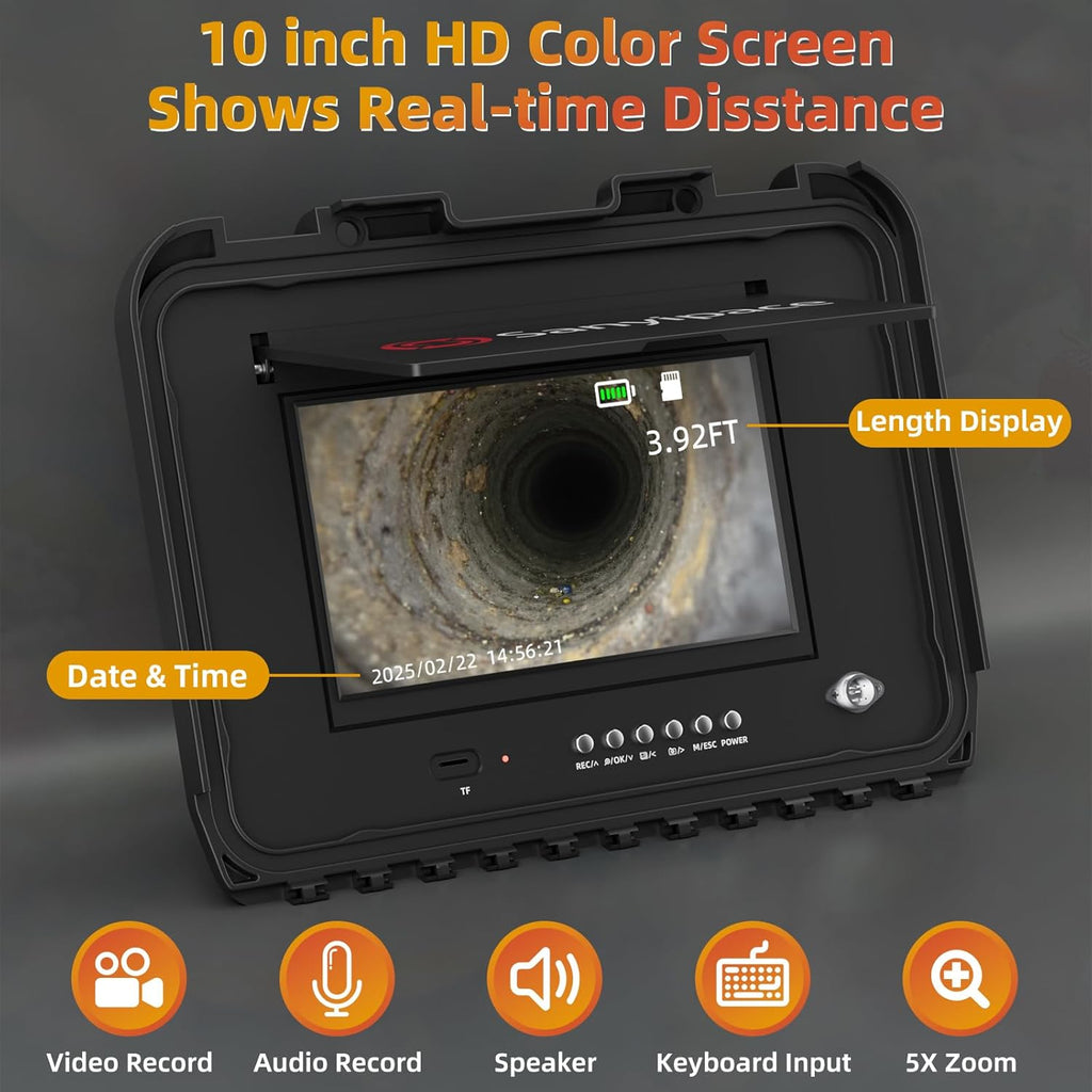 Sanyipace Trolley Sewer Camera 100FT/30M with Self-Leveling, Retractable Handle, Equipped 512Hz Transmitter, Distance Counter, Microphone Speaker Keyboard, 10" Color Screen, 7mm Cable