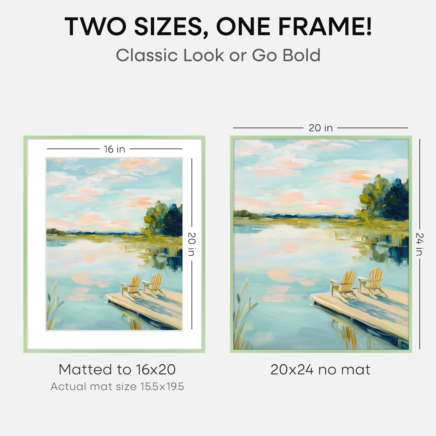Homeforia 20x24 Frame Sage Green, High End Metal 20x24 Poster Frames with Mat 16x20 inch Photo, 20 x 24 Sage Green Picture Frame Matted to 16 by 20 Art, 24x20 Frame, Tempered Glass, Wall Kit, Set of 2