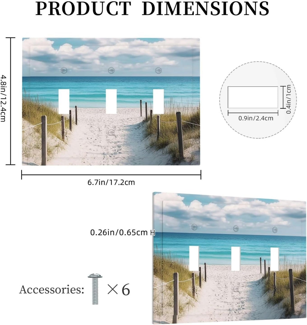 Decorative Light Switch Cover Plate Coastal Beach Ocean Seaside View 3 Gang Wall Plates for Electrical Outlets Triple Toggle Switch Plate Covers Outlet Covers Faceplate for Bedroom Home Decor