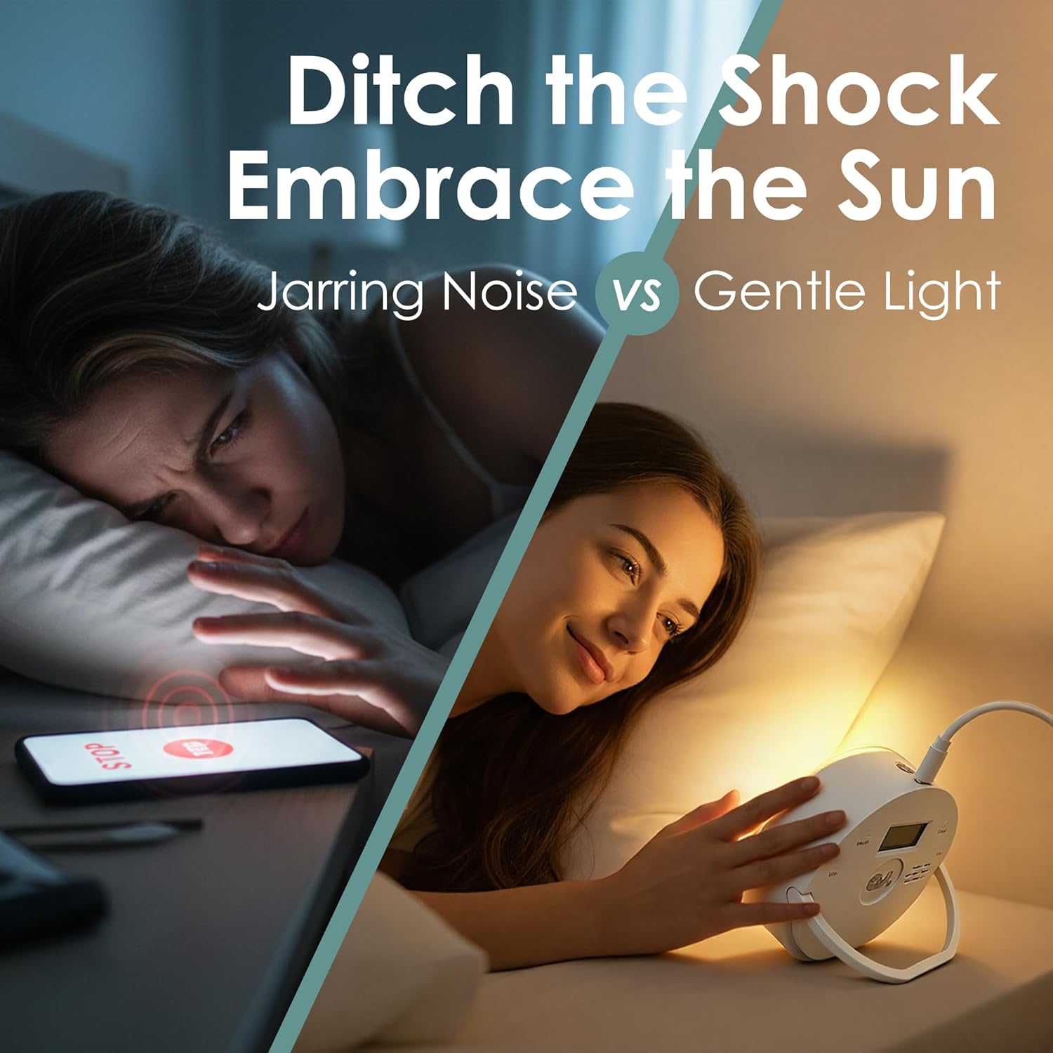 Clipable Sunrise Alarm Clock for Heavy Sleepers, Adjustable Sunlight Wake-Up Light with Music & White Noise, Gentle Gradual Brightening Lamp for Kids & Adults, for Bedroom, Travel or Dorm