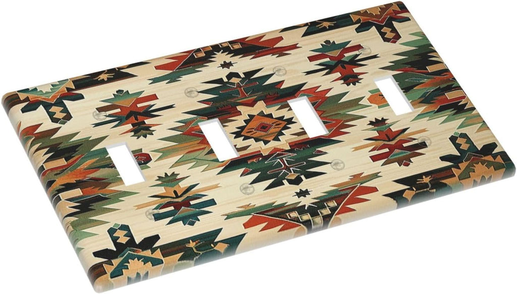 Light Switch Covers Southwest Rustic American Indian Aztec Boho Quad Toggle Electrical Faceplate 4 Gang Wall Plate Decorative Switch Plates for Bed Room living Room Decor