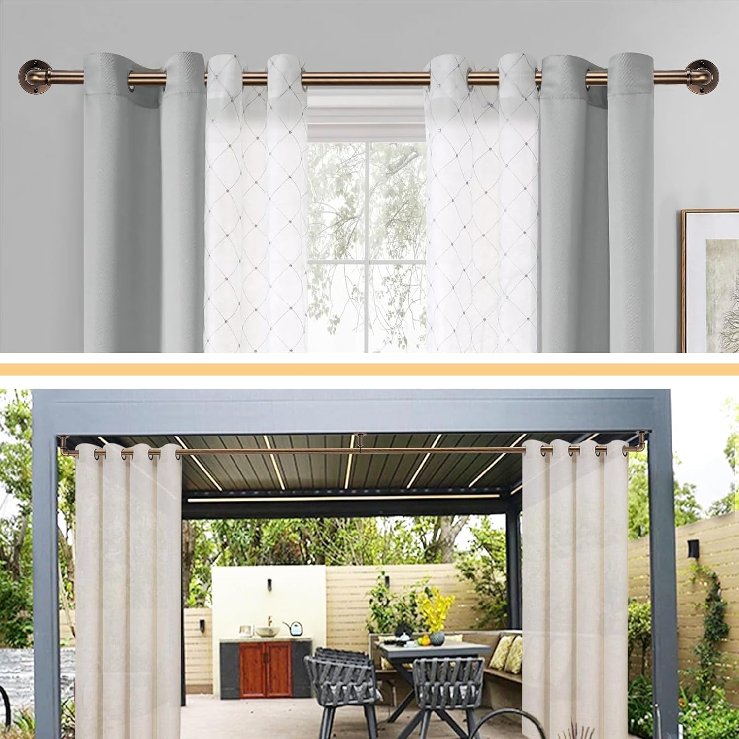 Industrial Curtain Rods 18 to 144 in,Blackout Curtain Rod,Adjustable Length,1 in Diameter Pipe,with Aluminium Finials (Antique Brass, 18” to 144”)