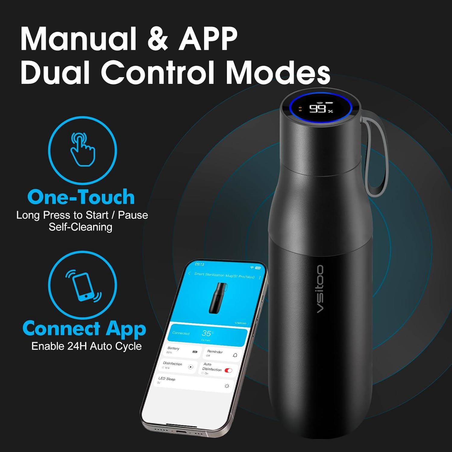 VSITOO 15oz Smart Self Cleaning Water Bottle，Insulated Water Bottle with Stainless Steel, BPA-Free, AI Self-Clean, 30-Day Battery, Magnetic Charging for Travel, Gym or Office, Black