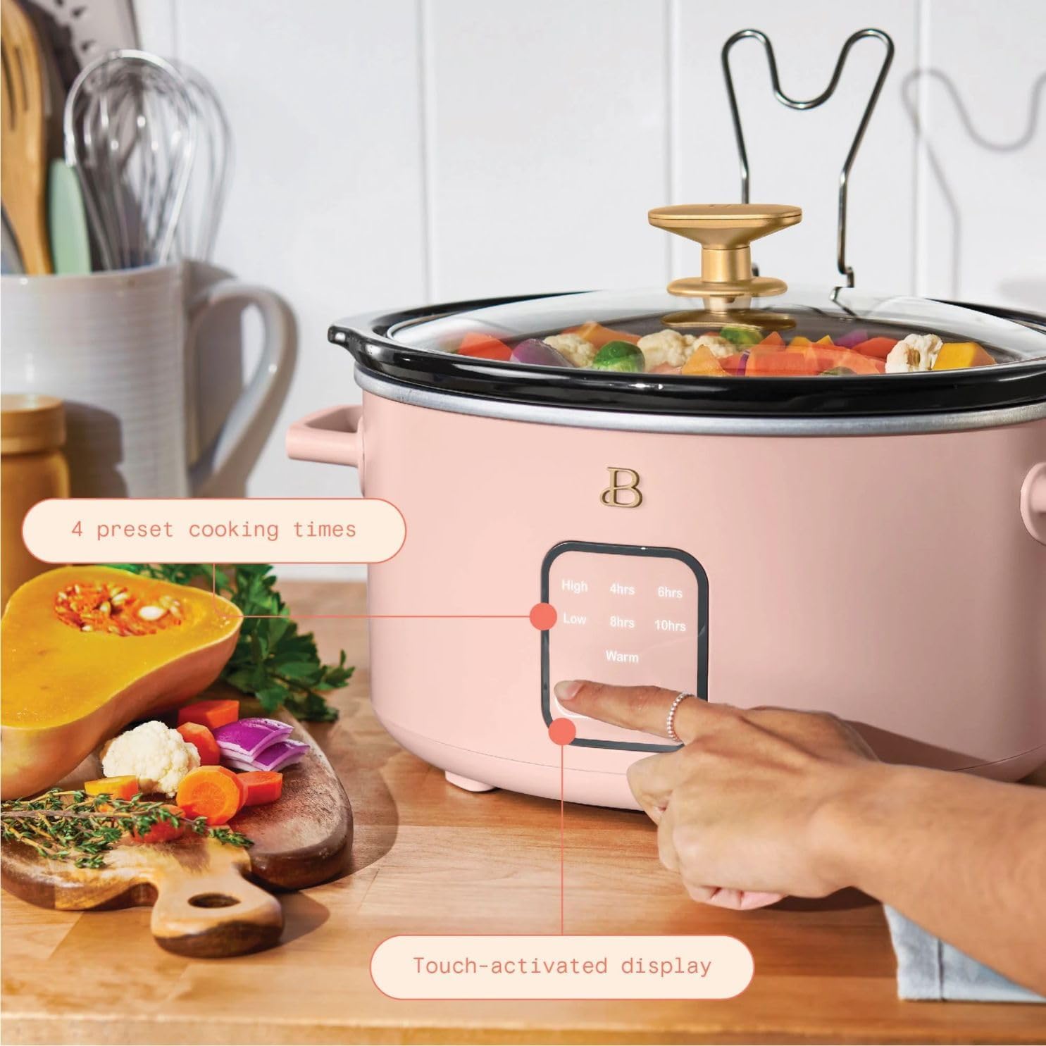 Beautiful 4-Qt Digital Slow Cooker with Smart Touch Screen, Removable Pot, Timer Presets, Ideal for Small Families