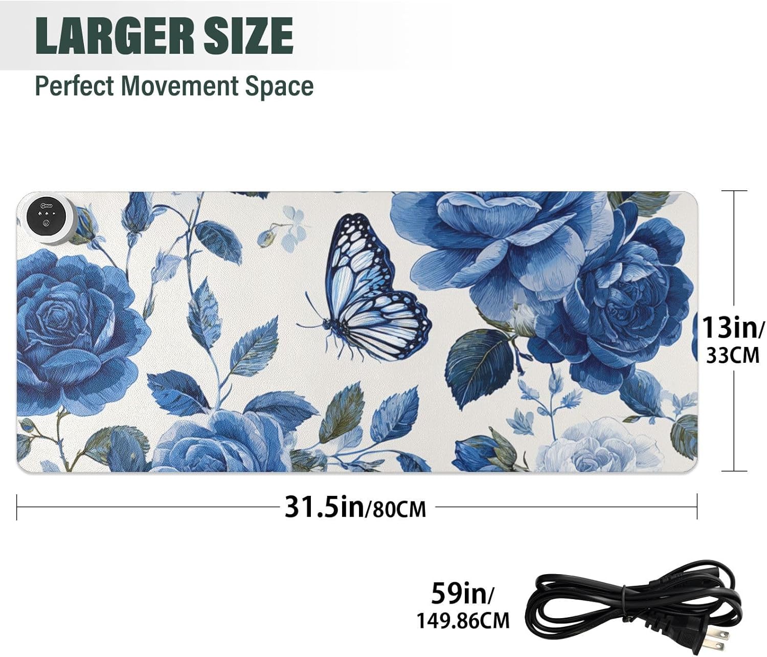 Heated Desk Pad Mouse Pad 31.5x13 Inch PU Leather Desk Mat with 3 Heat Levels Large Mouse Gaming Computer Laptop Mat Blue White Rose Flowers Butterfly