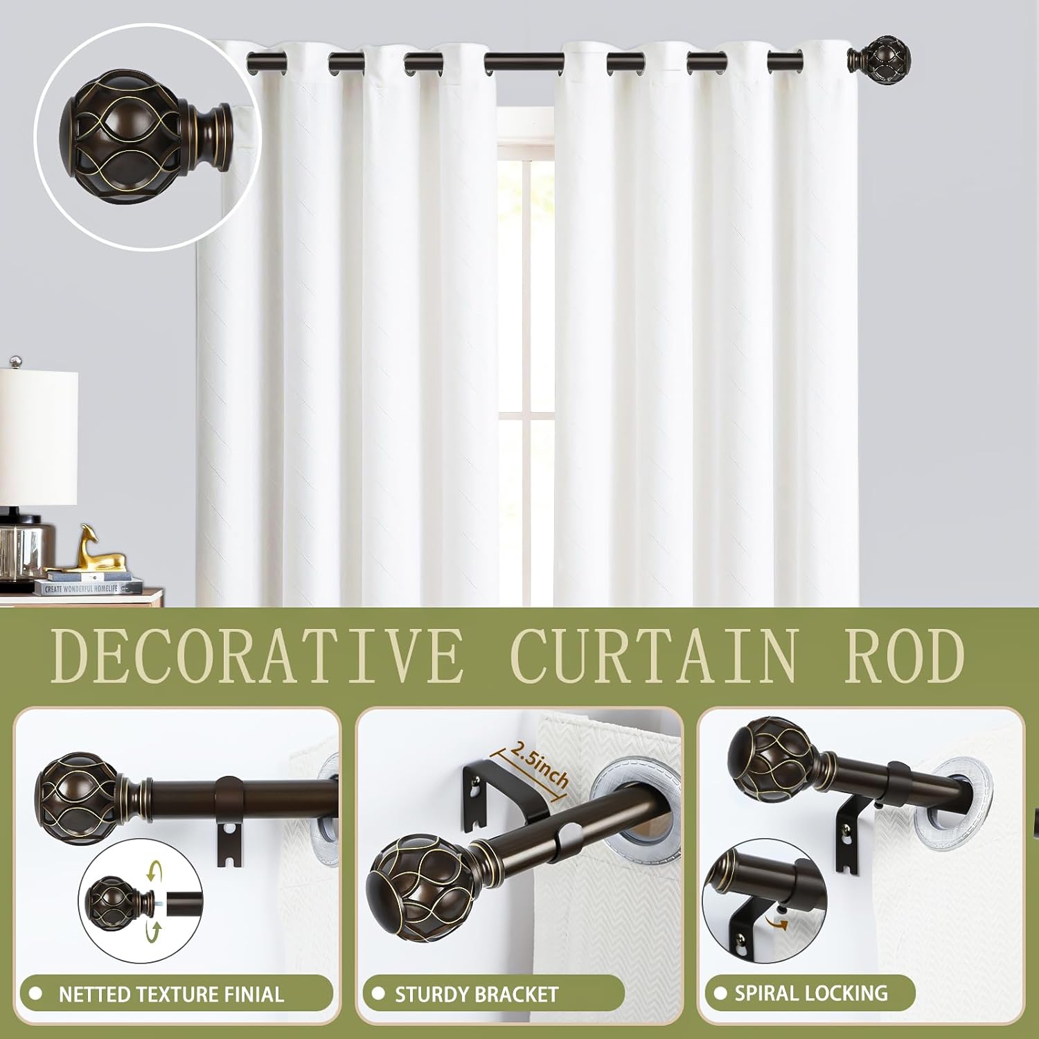 Bronze Farmhouse Curtain Rods for Windows:36-88 Inch Heavy Duty Adjustable Curtain Rod for Bedroom Living Room,Boho Decorative Rustic Drapery Rods with Vintage Coastal Finial,Antique Bronze
