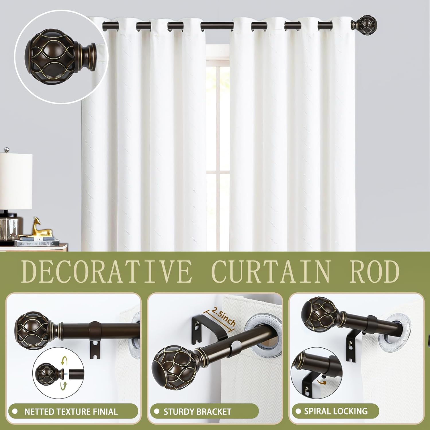 Bronze Farmhouse Curtain Rods for Windows:72-144" Heavy Duty Adjustable Long Curtain Rod for Bedroom Living Room,Boho Decorative Rustic Drapery Rods with Vintage Coastal Finials,Antique Bronze