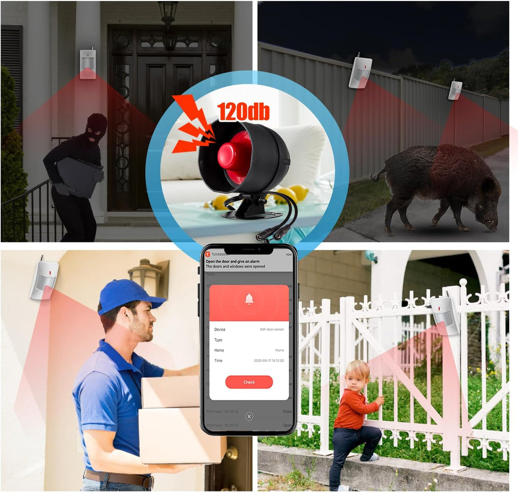 WiFi Alarm System for Home Security, 120dB Wireless Alarm Security System with Free Notification APP Control and Motion Sensor Siren, Remote Control for Shed Garage