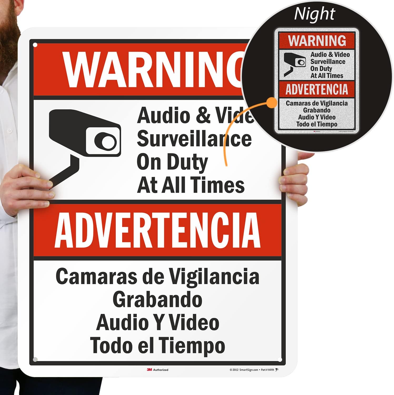 SmartSign 30 x 24 inch “Warning - Audio & Video Surveillance On Duty At All Times” Bilingual Sign, 80 mil Aluminum, 3M Laminated Engineer Grade Reflective Material, Red, Black and White, USA-Made