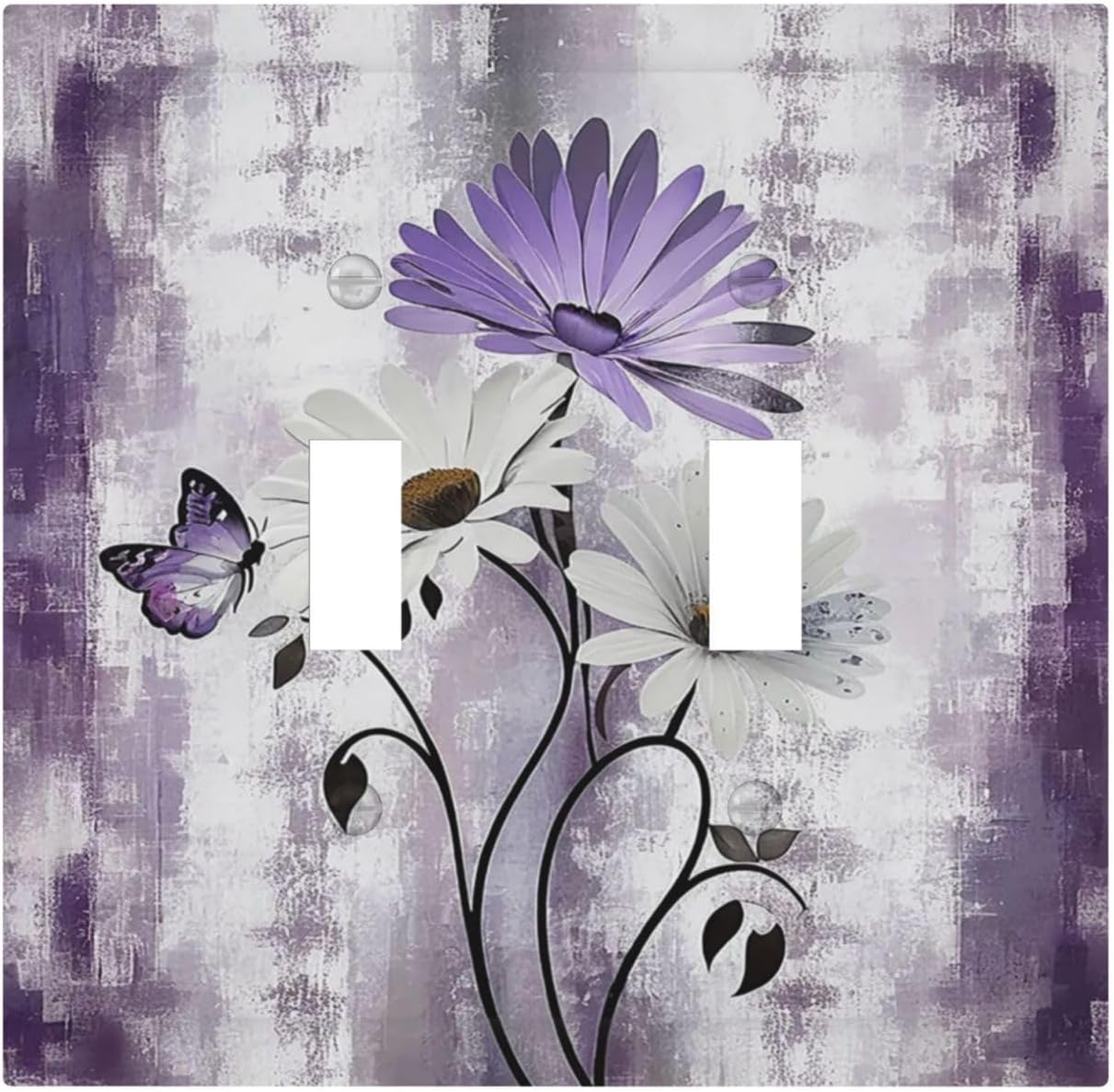 Purple Daisy White Floral Butterfly Flowers 2 Gang Double Toggle Light Switch Cover Decorative Switchplate Electrical Wall Plates Faceplate for Bathroom Bedroom Decor 4.9 X 5 IN