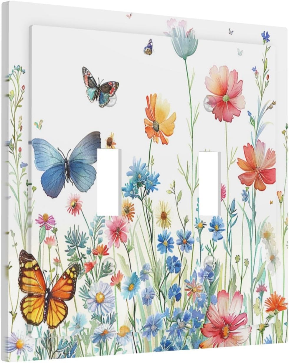 Decorative Light Switch Cover Plate Rustic Wildflower Blue Pink Floral Butterfly 2 Gang Outlet Covers Double Toggle Wall Plates for Electrical Outlets Switch Plate Covers for Home Decor