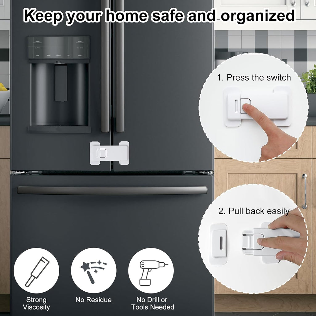 Fridge Locks for Kids, Child Proof Refrigerator Lock, Baby Safety French Fridge Door Lock, Child Cabinet Locks with Strong 3M Adhesive, No Drill, Tool-Free Install (2 Pack, White)