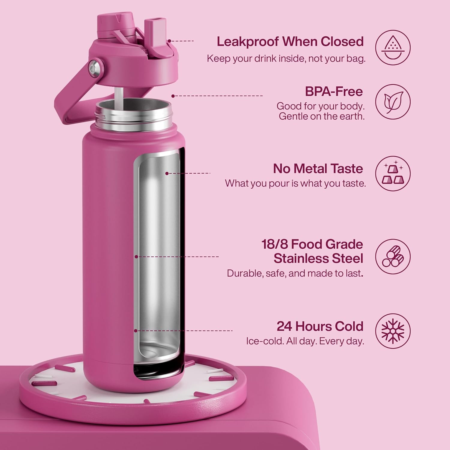 ENCOOL Insulated Water Bottle with Straw Stainless Steel Water Bottle, Leak-Proof, BPA-Free, Double Wall Vacuum Keeps Cold for 24 Hours for Sports, Travel, School (32 oz, Turkish Rose)