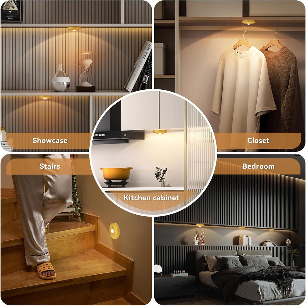 Yiliaw Rechargeable Puck Lights with Remote, 3 Pack Magnetic Under Cabinet Lighting, 1500mAh Battery Operated LED Tap Lights with Dimmer & Timmer for Kitchen, Closet, Shelf - 3 Color Temps, Gold