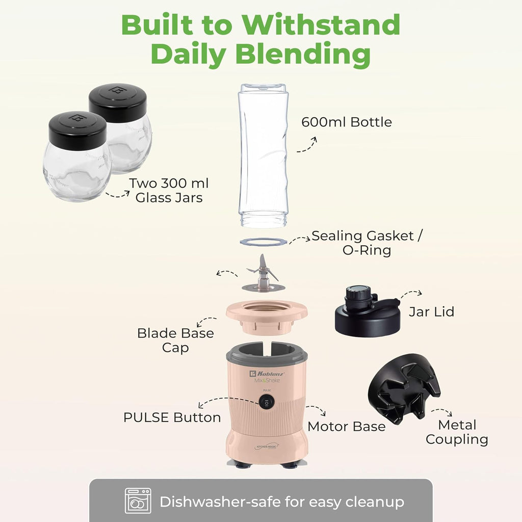 Koblenz Mix&Shake Blender, 20 oz Portable Blender, 600W Motor, Pulse, ON/OFF, Stainless Steel Blades, Shakes, Sauces, Smoothie Maker, (1) 20 oz To-Go Bottle, (2) 10 oz Glass Jars, Pink, MSKM-600 2PS