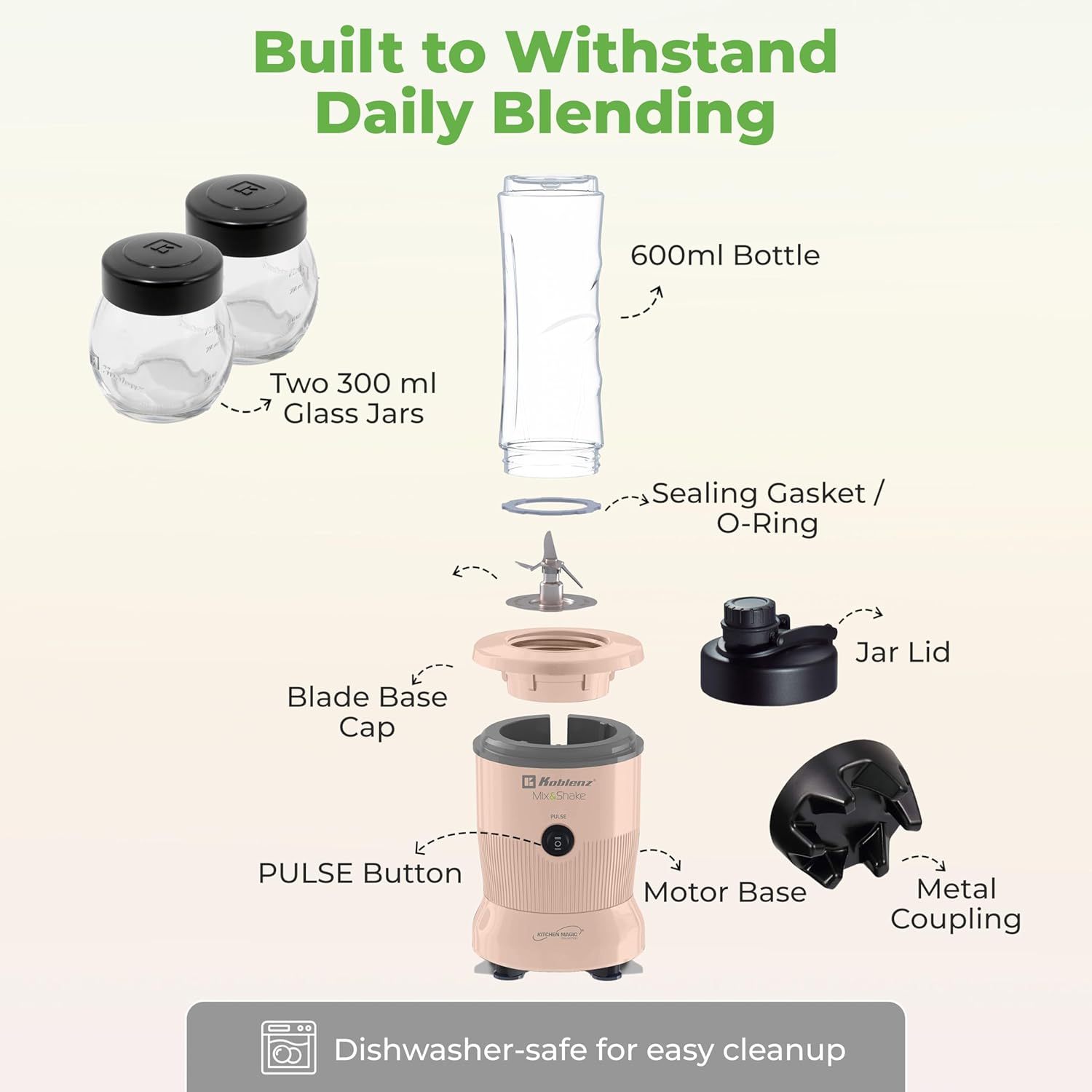 Koblenz Mix&Shake Blender, 20 oz Portable Blender, 600W Motor, Pulse, ON/OFF, Stainless Steel Blades, Shakes, Sauces, Smoothie Maker, (1) 20 oz To-Go Bottle, (2) 10 oz Glass Jars, Pink, MSKM-600 2PS