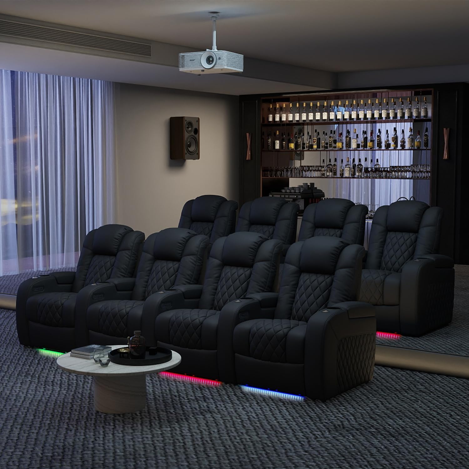 Weilianda Home Theater Seating Top Grain Leather Zero Gravity Recliner Chair Power Headrest Recline Movie Seat Gaming 7 Colors Mood Light Sofa with Tray Table USB Charge Row of 5 Loveseat Left Black
