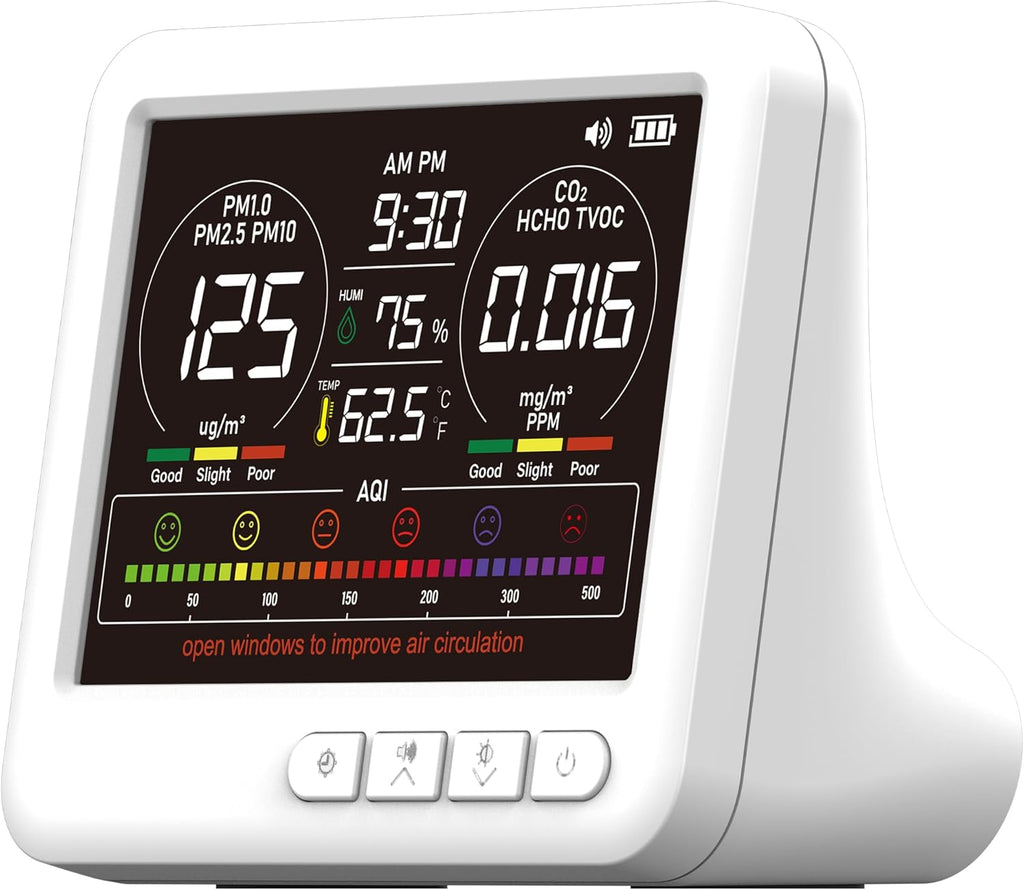 Professional Indoor Air Quality Monitor with 7X AQI,16 in 1 Portable Real-Time Detector for PM2.5 | PM10 | CO2 | TVOC | HCHO | Temp | Hum for Home Cars Plants Pets (White)
