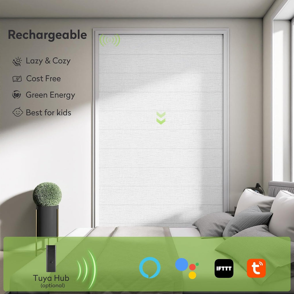 ZSTARR Smart Roman Shades Rechargeable Motorized Blinds with Remote Full Blackout Roman Window Shades Plain Fold Soft for Doors Bedroom, Custom Size (White)
