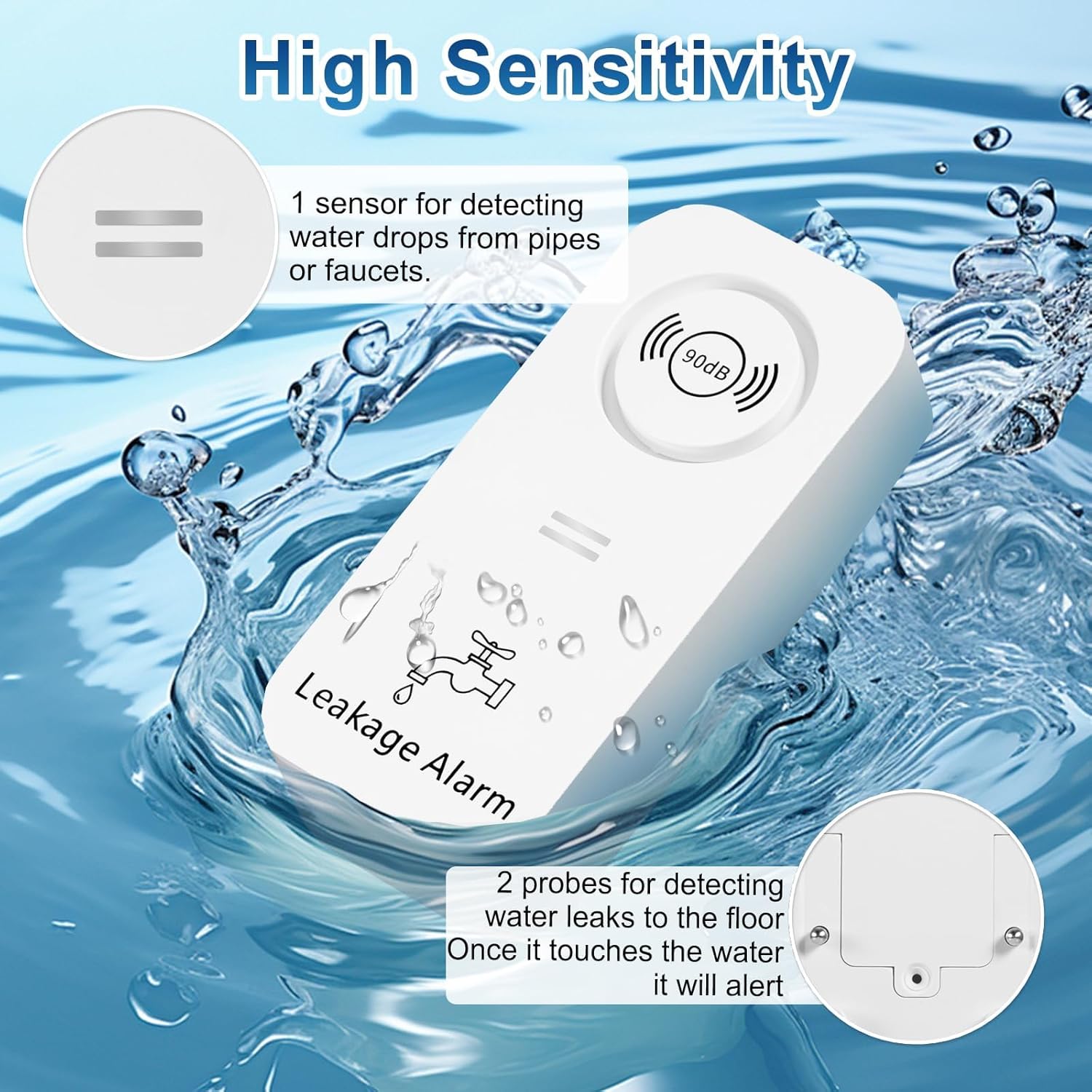 90dB Loud Water Leak Detector, 2 Pack Wireless Alarm with 3 Probes for Kitchen Bathroom Basement, Easy Installation Floor & Pipe Drip Sensor