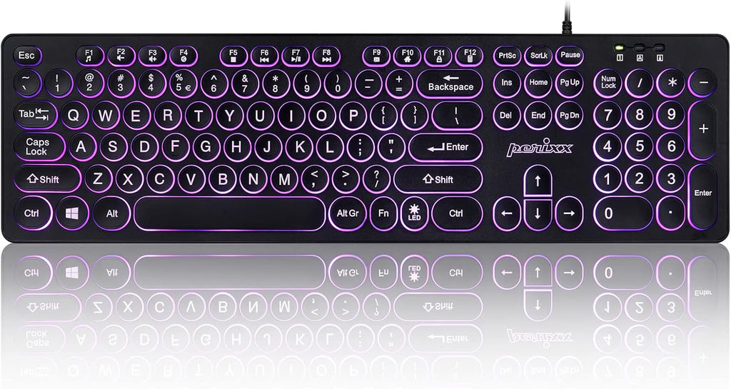 Perixx PERIBOARD-317R Wired Backlit USB Keyboard - Big Print Letter - Tri-Color Illuminated LED - Stylish Round Keycaps - US English