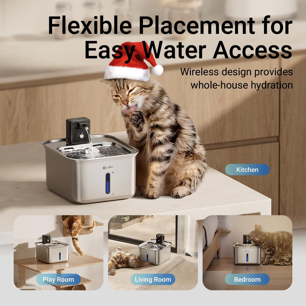 DownyPaws Cat Water Fountain Stainless Steel Wireless, 101 oz/3L FurSink Cordless Water Fountain for Cats, Battery Operated Cat Fountains for Drinking with Motion Sensor, Easy Clean, Metal