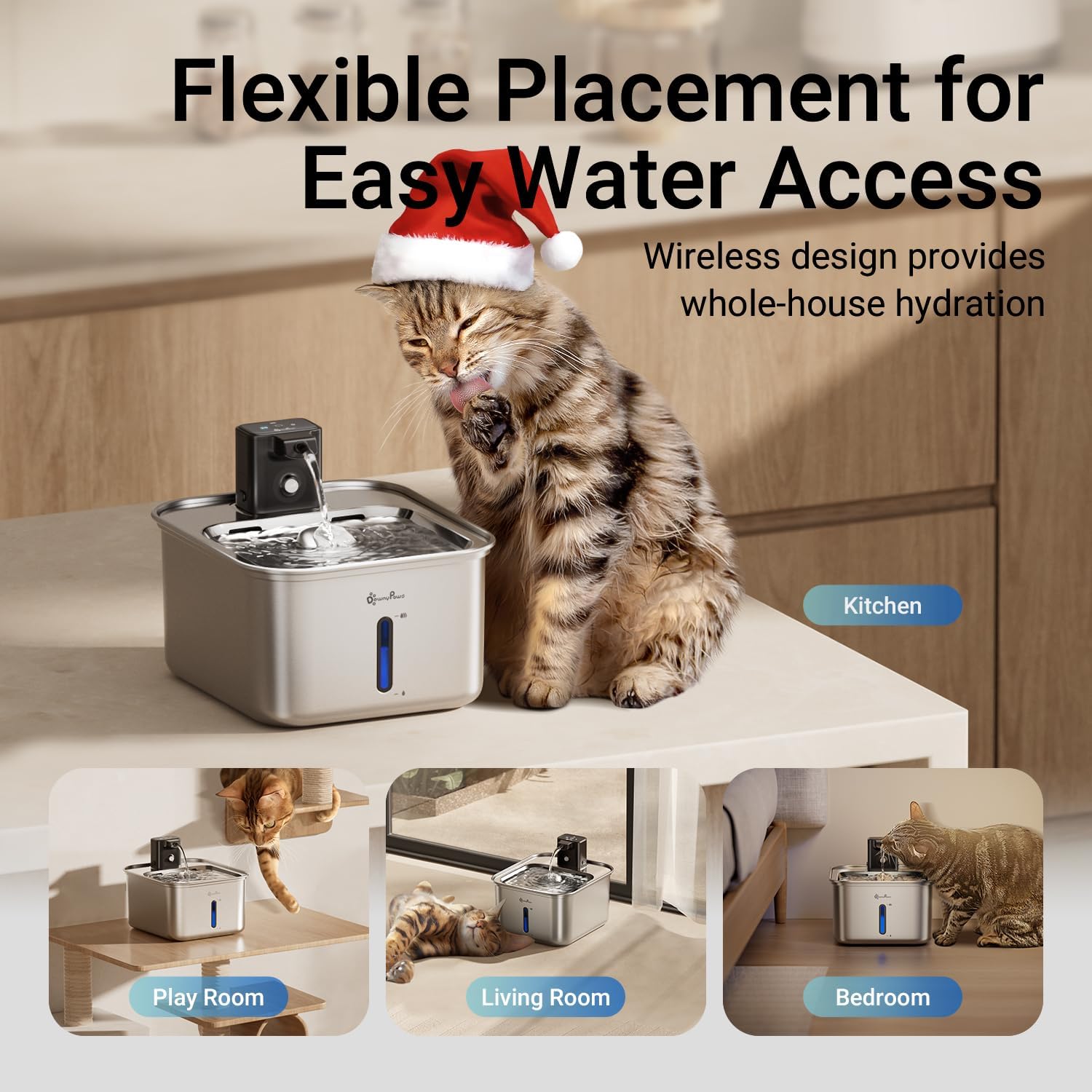 DownyPaws Cat Water Fountain Stainless Steel Wireless, 101 oz/3L FurSink Cordless Water Fountain for Cats, Battery Operated Cat Fountains for Drinking with Motion Sensor, Easy Clean, Metal