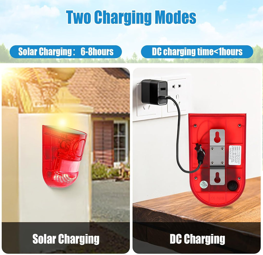 Qualirey 2 Pack Solar Sound and Light Alarm Motion Sensor 129db Outdoor Security Siren Waterproof Motion Activated Detector Alarm 6 LEDs Flash Warning Strobe System for Home, Farm (Red)