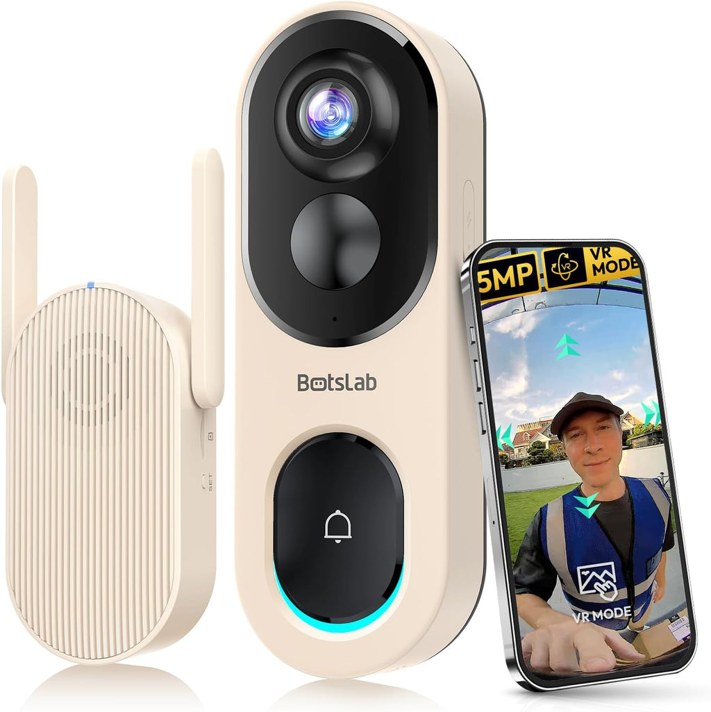 BOTSLAB Doorbell Camera Wireless, 5MP Video Doorbell, 180°Panoramic View, No Monthly Fee, 2.4 GHz WiFi, AI Motion Detection, VR Mode, Battery or Wired Powered