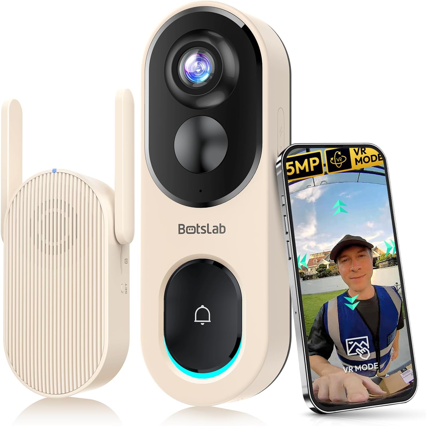 BOTSLAB Doorbell Camera Wireless, 5MP Video Doorbell, 180°Panoramic View, No Monthly Fee, 2.4 GHz WiFi, AI Motion Detection, VR Mode, Battery or Wired Powered