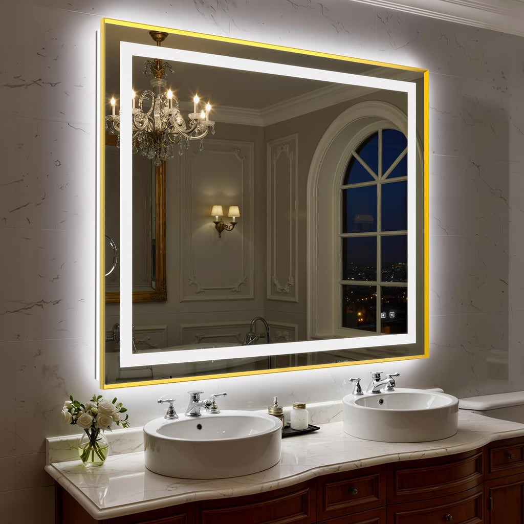 48X40 Inch LED Bathroom Mirror with Lights, Gold Frame Frontlit+ Backlit Bathroom Vanity Mirror for Wall, Ultra-Clear Tempered Glass, Shatter-Proof, Anti-Fog and Memory Function, ETL Listed
