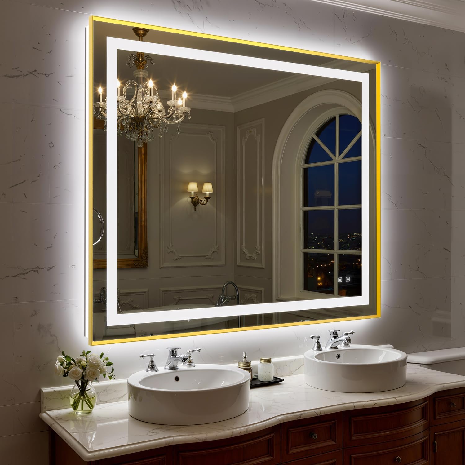 48X40 Inch LED Bathroom Mirror with Lights, Gold Frame Frontlit+ Backlit Bathroom Vanity Mirror for Wall, Ultra-Clear Tempered Glass, Shatter-Proof, Anti-Fog and Memory Function, ETL Listed