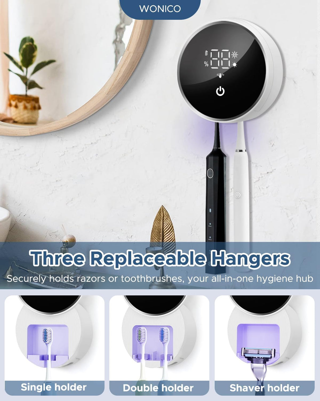 Toothbrush Holders for Bathroom, WONICO Toothbrush Sanitizer Holder, Tooth Brush Wall-Mounted Cleaner Organizer with Auto-Inductive Cover, Air Drying Fits Most Electric, Manual and Kids’ Toothbrushes
