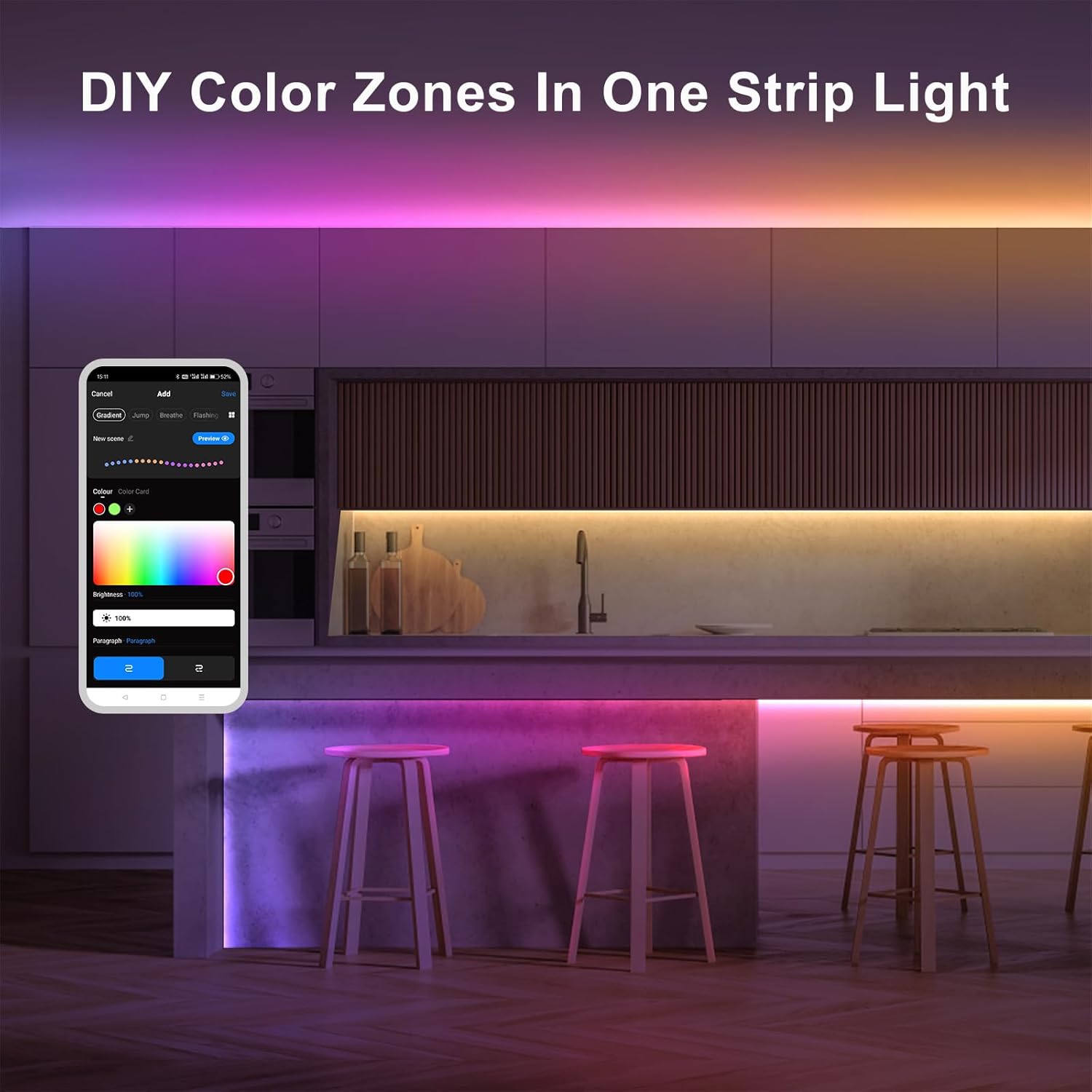 16.4ft RGBWW+IC WiFi Smart Flowing Led Strip Light, RGB Chasing Effect+Tunable White 3000K-6500K Led Lights Compatible with Alexa and Google, Color Changing, Music Sync for Bedroom