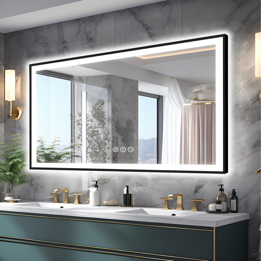 55x30 Light up Bathroom Mirror,LED Vanity Mirror,Black Framed,Backlit + Front Lit,3 Colors Dimmable,Anti-Fog,Shatter-Proof,Touch Control,Anti-Corrosion,Memory(Horizontal/Vertical)
