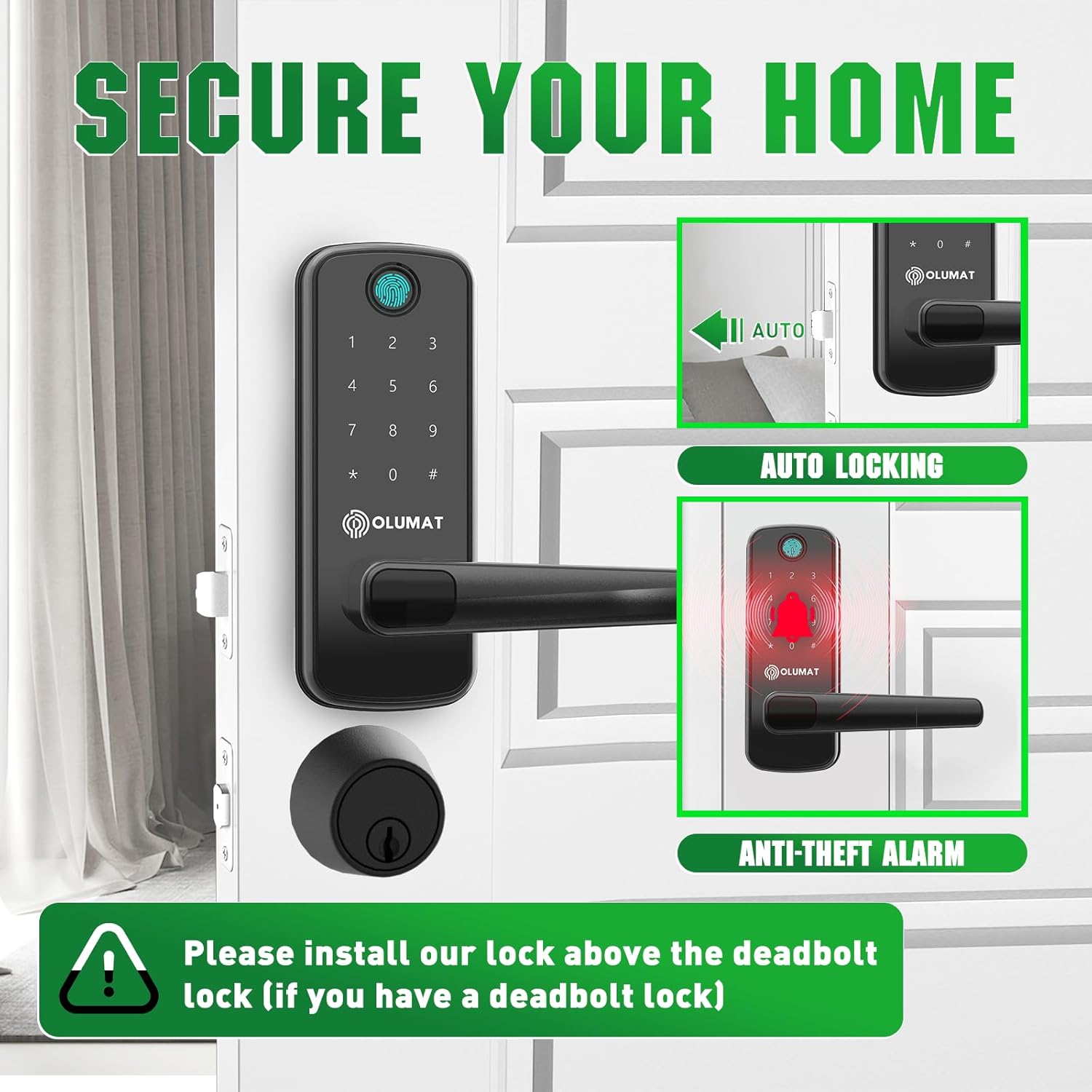 Smart Door Lock with Handle: Olumat Keyless Entry Door Lock with WiFi Gateway - Smart Locks for Front Door with Keypad - Fingerprint Lock
