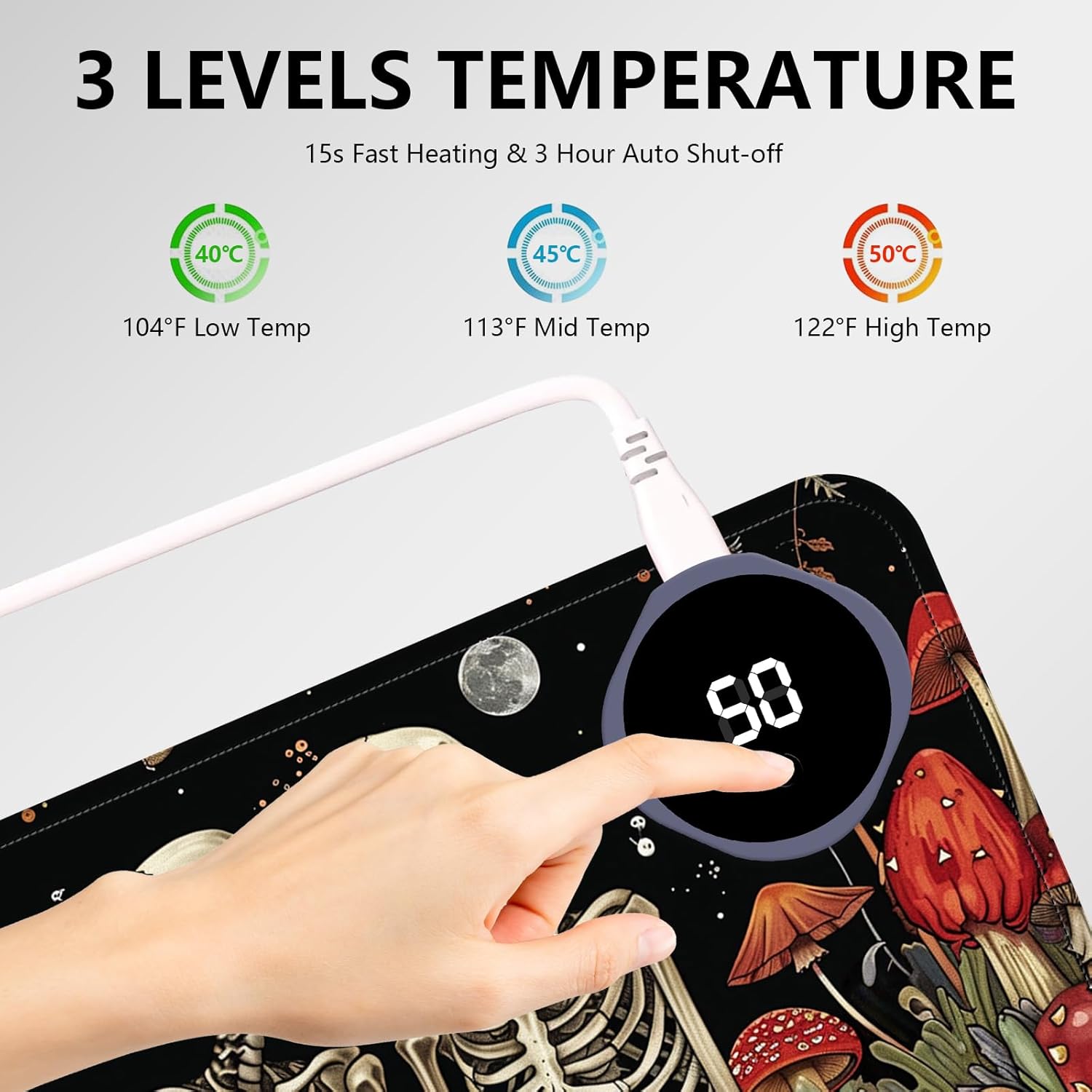 Heated Mouse Pad with 3 Levels Heated & 3 Hours Auto Shut-Off Mouse Pad for Warming Hands in Office Home, 23.6" x 14.2"Large Safe Desk Mat Hand Warmer，Kiss Skull