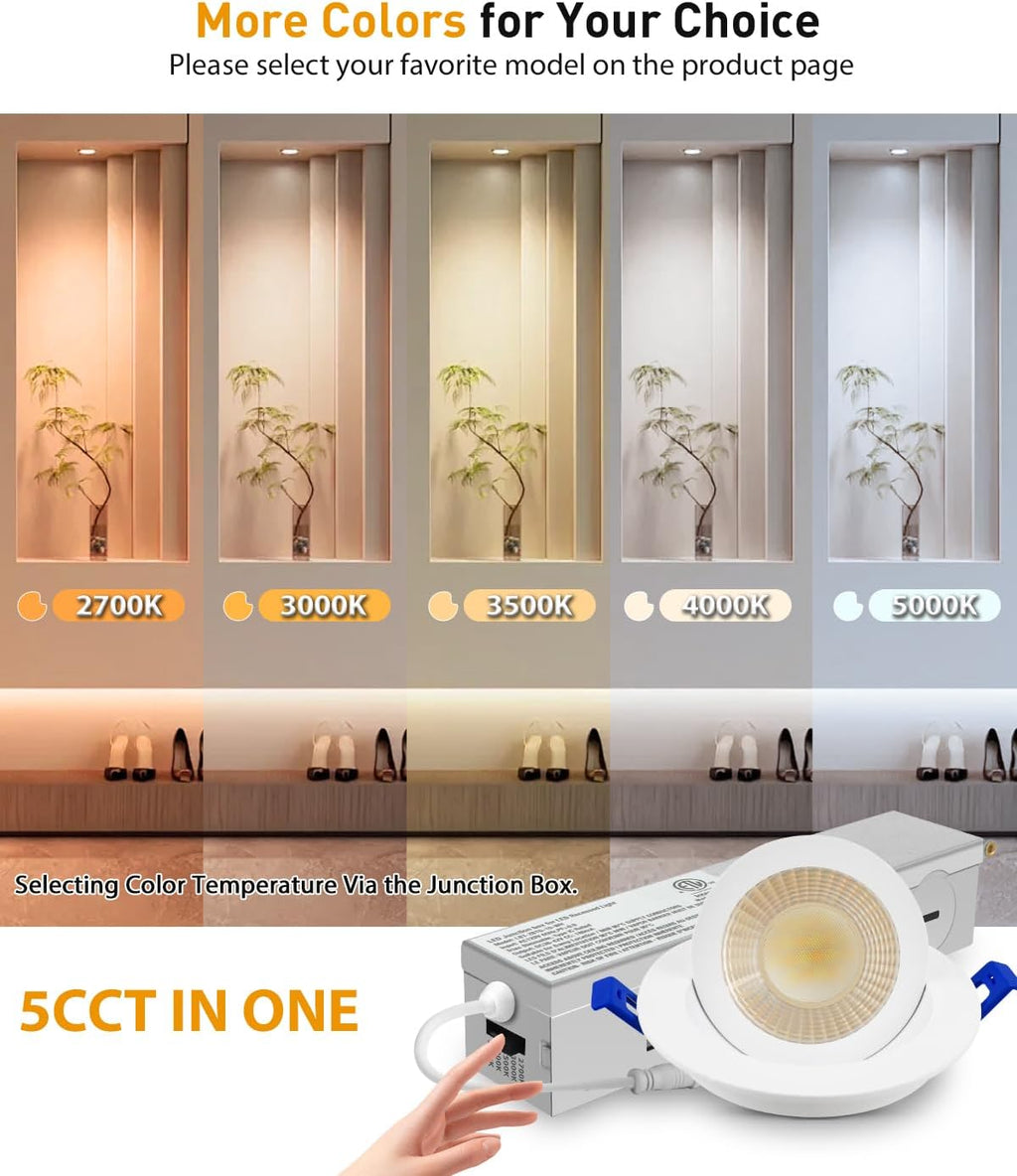 Adetu 2 Inch 5CCT Gimbal Led Recessed Lighting with Junction Box, 360°+90° Adjustable Recessed Can Lights, 2700K/3000K/3500K/4000K/5000K Selectable, 5W Eqv 50W, 550LM Brightness - ETL (White,6 Pack)