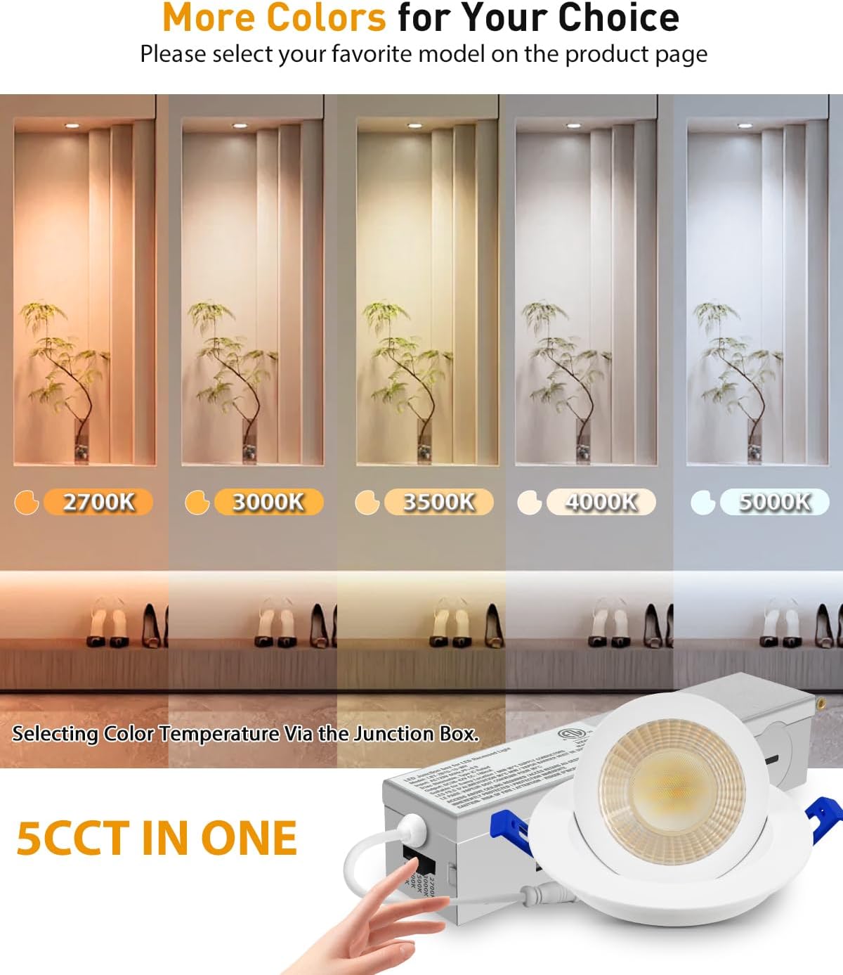 Adetu 2 Inch 5CCT Gimbal Led Recessed Lighting with Junction Box, 360°+90° Adjustable Recessed Can Lights, 2700K/3000K/3500K/4000K/5000K Selectable, 5W Eqv 50W, 550LM Brightness - ETL (White,6 Pack)