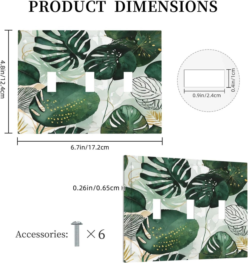 Decorative Switch Plates Boho Tropical Leaves 3 Gang Wall Plate Triple Toggle Light Switch Cover Faceplate Electrical Wall Panels for Bedroom Bathroom Decor