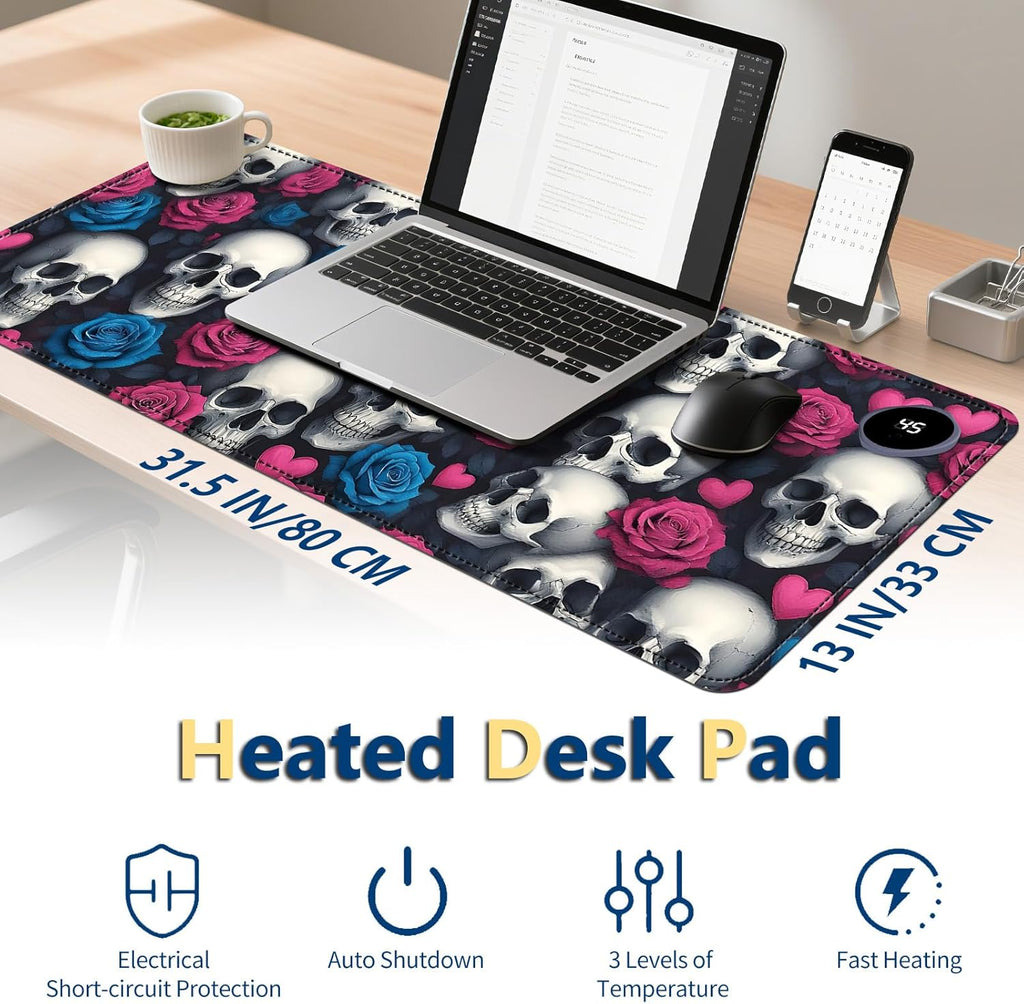 Heated Mouse Pad with 3 Temperature Settings(104°F–122°F),Large 31.5x13 Inch PU Leather Heated Desk Mat,Waterproof Warming Pad for Office,Gaming & Cold Hands Relief,Skeleton Skulls Flower