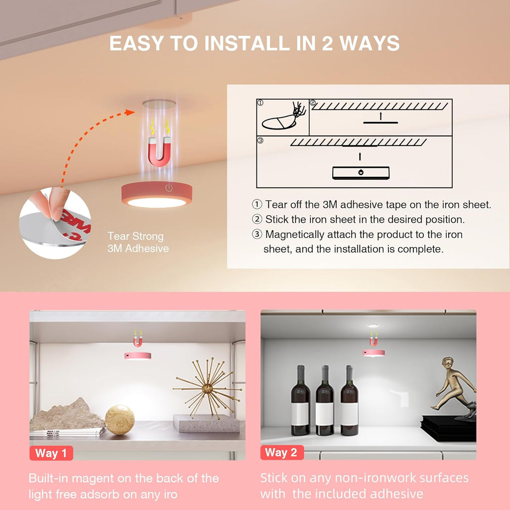 Rechargeable Puck Lights with Remote Control,LED Under Cabinet Light with Full-Screen,3 Color Temperatures Stick On Light Wireless, Tap Lights for Kitchen,Cabinet,Counter,Closet,Shelf,2 Pack, Pink
