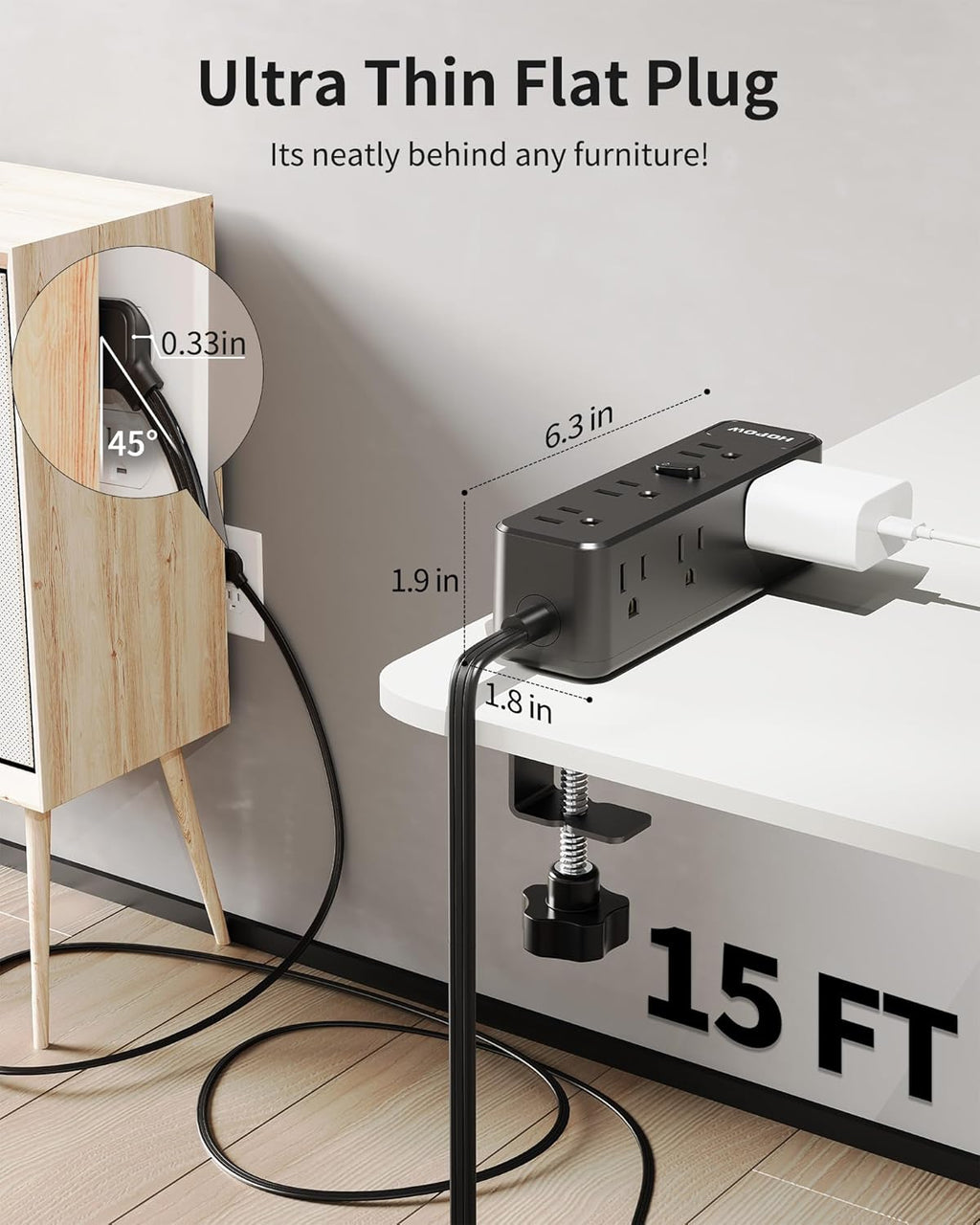 Desk Clamp Power Strip 15FT, Desktop Edge Mount Charging Station with 9 AC Outlets, 1700J Under Desk Surge Protector, Fit 2.75" Tabletop, Extension Cord for Home Office, Black