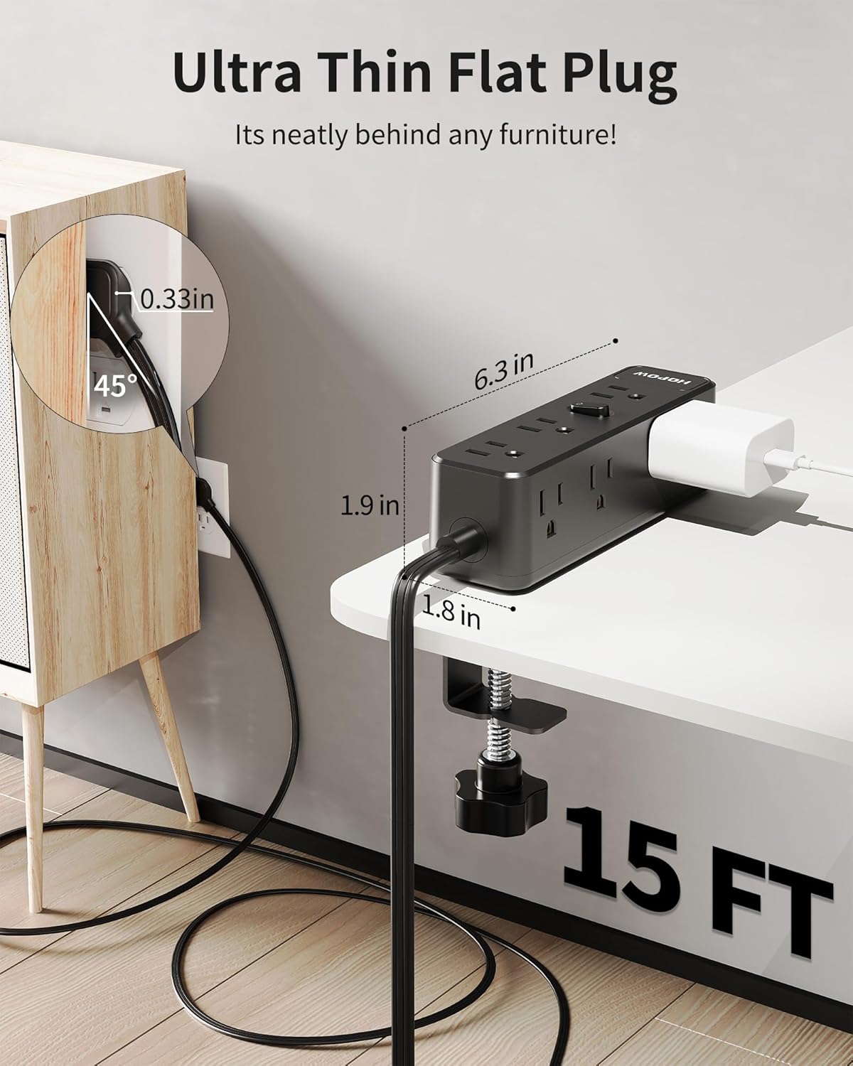 Desk Clamp Power Strip 15FT, Desktop Edge Mount Charging Station with 9 AC Outlets, 1700J Under Desk Surge Protector, Fit 2.75" Tabletop, Extension Cord for Home Office, Black