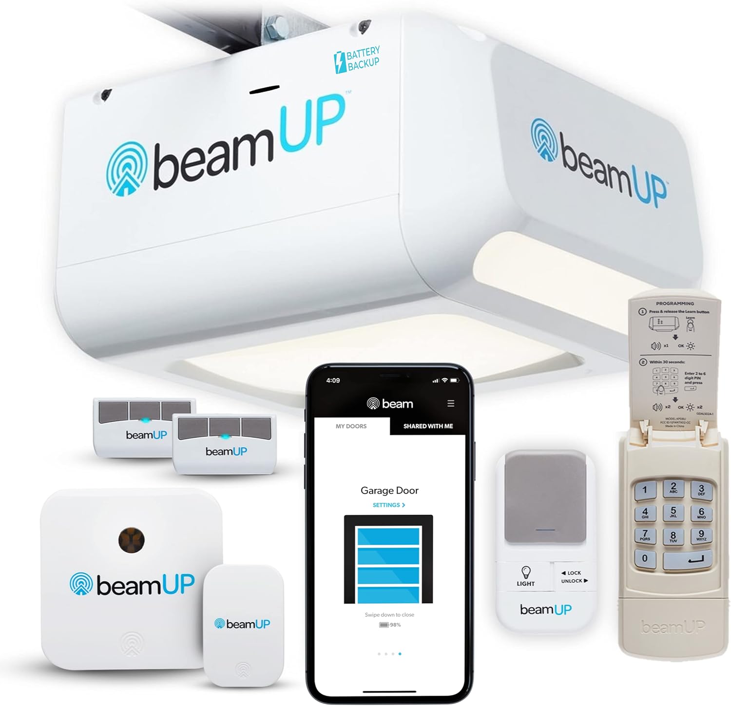 beamUP The Volta - BU850 - Two Car Garage Door Opener with Battery Backup, Smart Home Garage Opener - Alexa Enabled, Garage Security Sensors Included, No Subscription Fees - White