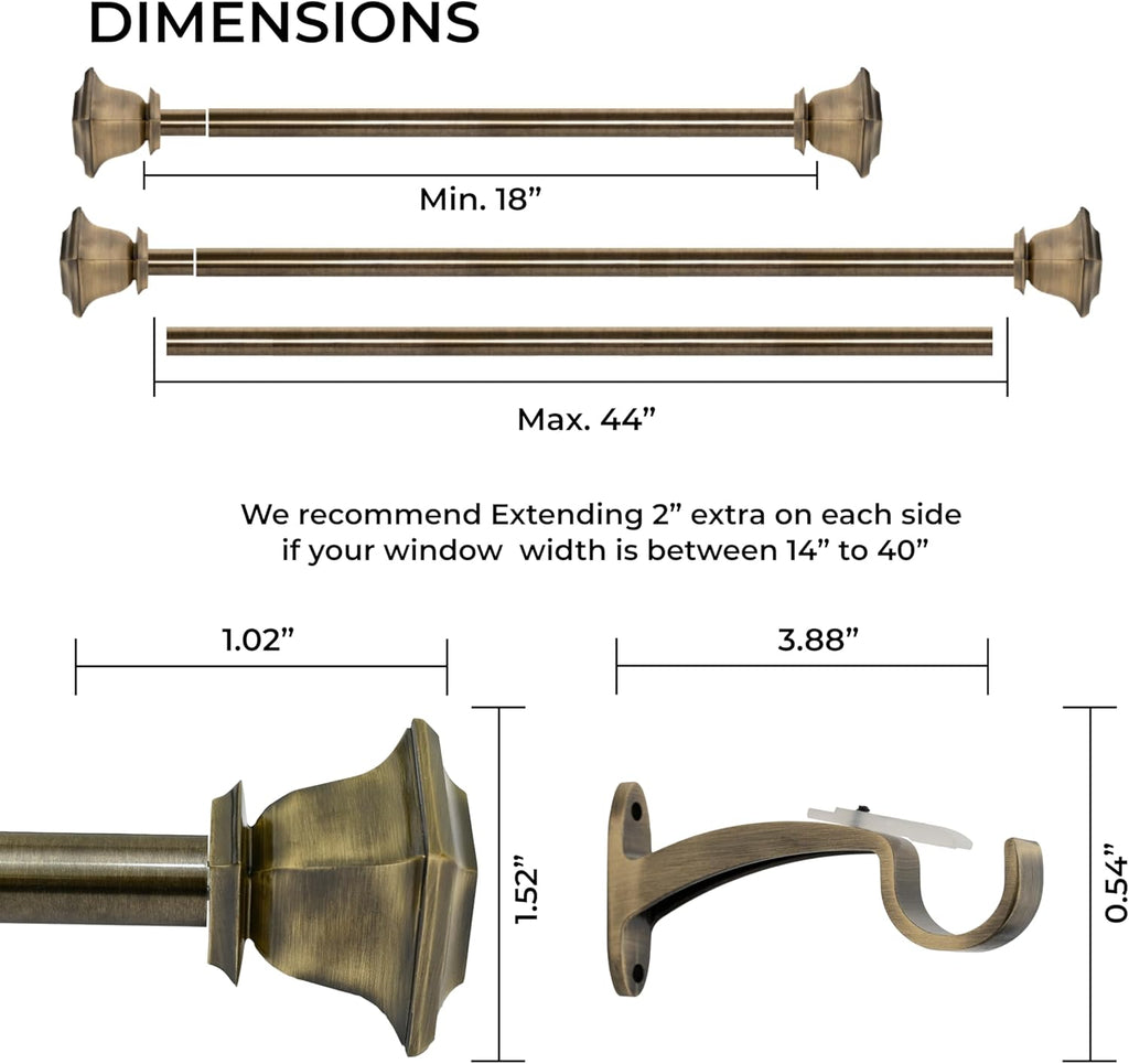 Deco Window Adjustable Curtain Rod for Windows 18 to 44 Inch (Pack of 1) Extendable Heavy Duty 1 Inch Iron Drapery Pole with Finials Wall Mounted French Door Curtain Rods (Brass)