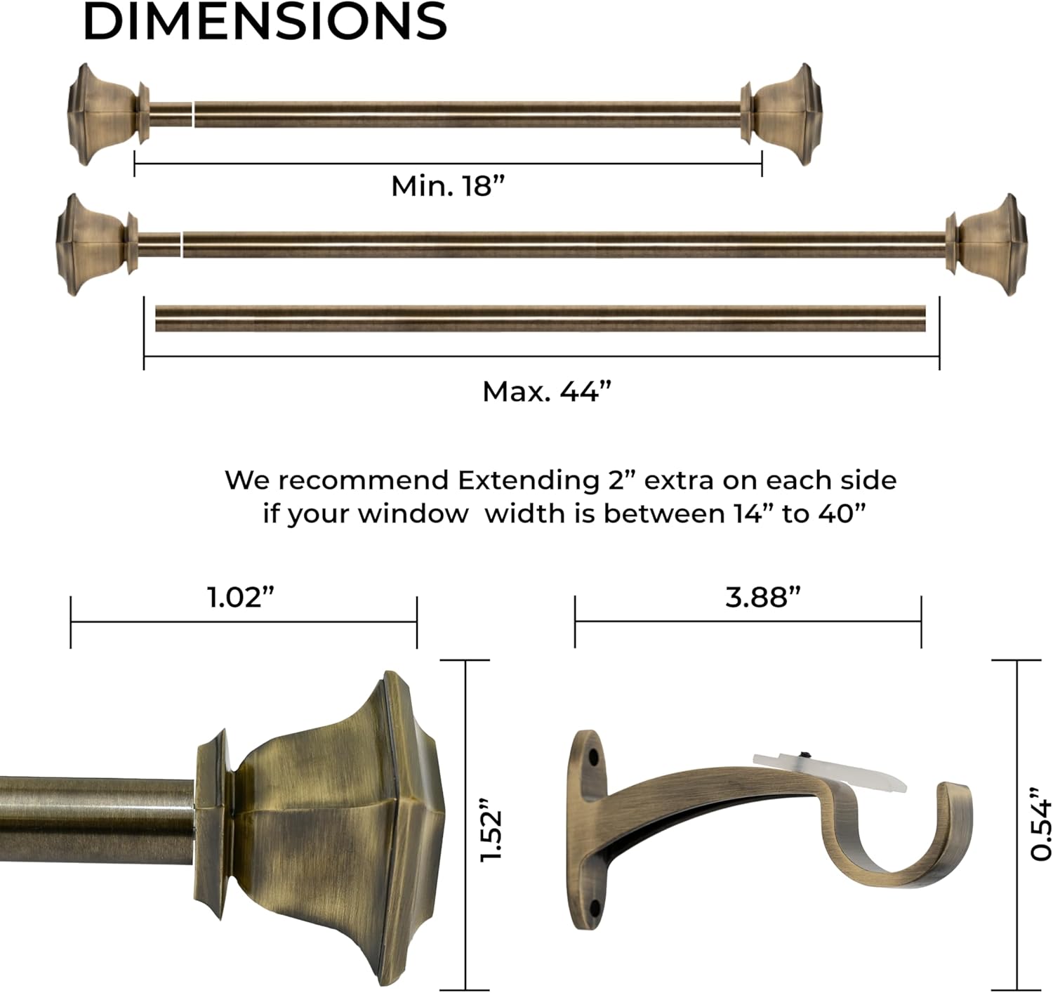 Deco Window Adjustable Curtain Rod for Windows 18 to 44 Inch (Pack of 1) Extendable Heavy Duty 1 Inch Iron Drapery Pole with Finials Wall Mounted French Door Curtain Rods (Brass)