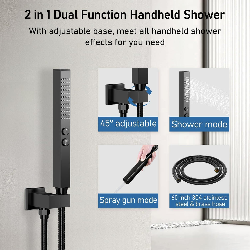 Shower Faucet Sets Shower System, 2 Head Shower System Rain Showerhead for Two People, Ceiling Mount Shower Fixtures with On Off Button Valve Body and Trim Kit Complete, 10+6" Matte Black